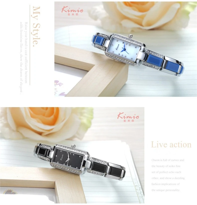 2016 Luxury Brand Rectangle Women Watch KIMIO Ladies Bracelet Watches Women Dress Rhinestone Imitation Ceramic Quartz Watch Gift