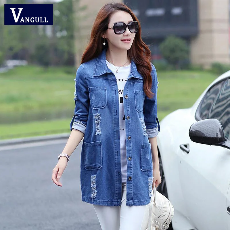 

Vangull 5XL Basic Long Jeans Coats Women Slim Ripped Denim Jacket Femme Elegant Vintage Frayed Jackets Outwear Casacos Feminino