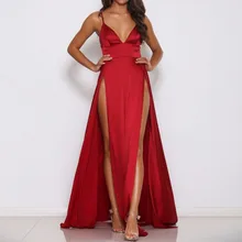 2017 Sexy Deep V Neck Backless Maxi Dress 2 High Splits Dress Red Satin Floor Length Open Back Night Club Evening Party Dress