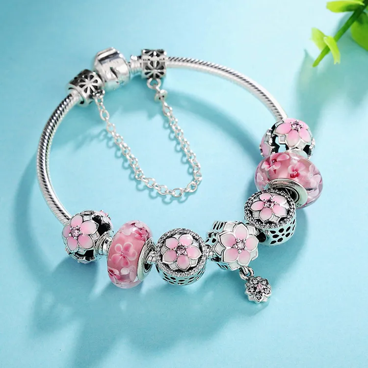 

Original 925 Sterling Silver Enamel Magnolia Bloom Duo With Crystal Pendant Beads Pandora Bracelet & Bangle Diy Jewelry