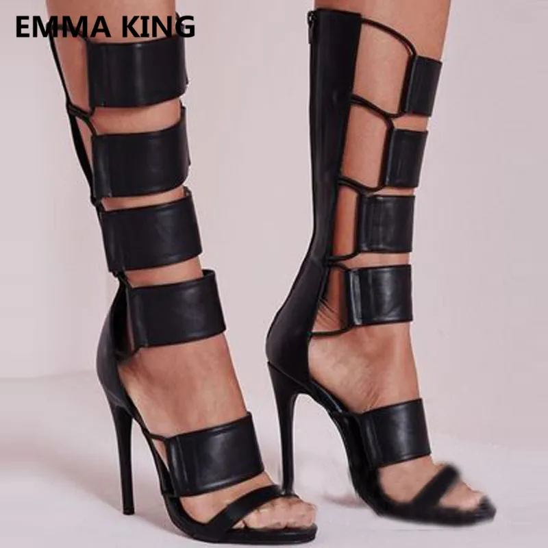 

2019 Black Leather Women's Platform Gladiator Sandals Open Toe High Heels Sexy Ladies Gothic Shoes Woman Summer Knee High Boots