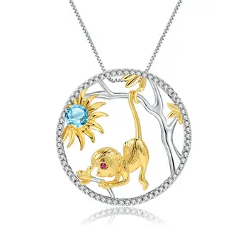 

GEM'S BALLET Natural Swiss Blue Topaz Gemstone Gold Monkey Pendant Necklace 925 Sterling Silver Chinese Zodiac Jewelry For Women