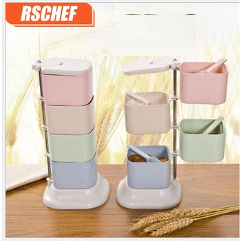 

RSCHEF Kitchen creative utensils wheat straw box can be rotated vertical four piece sets with a spoon covered
