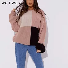 WOTWOY 2019 Autumn Winter Color Block Sweaters Women Patchwork O-neck Lantern Sleeve Pullover Pink Loose Harajuku Sweater Women