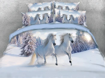 

JF-218 4pcs Luxury Beautiful White horses running in snow filed print 3D bed cover set Queen Single size