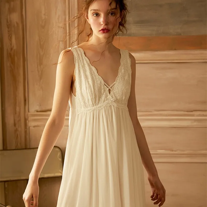 

Summer Nightwear For Women Sexy Lace Dress Princess Sweet Woman Nighty Sleeveless Nightgown Deep V Neck