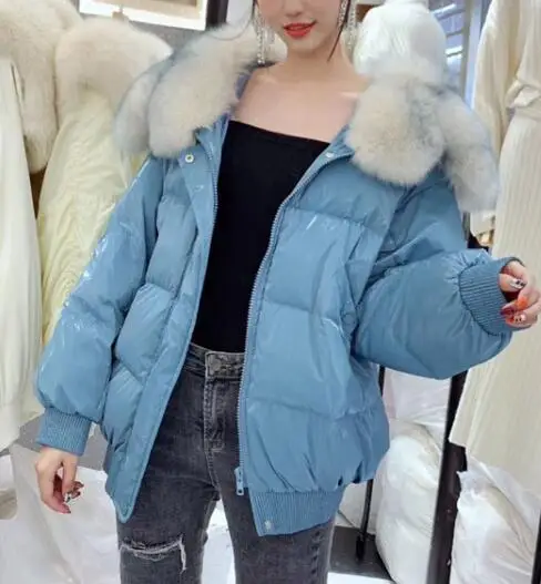 Новое поступление, корейский стиль, зимнее теплое Женское пальто на утином пуху, настоящий бренд Fox Fur Trim, модная яркая верхняя одежда для девочек, женские пальто - Цвет: Синий