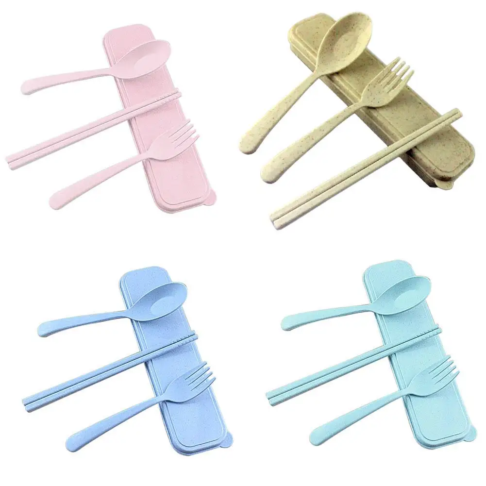 

3Pcs/Set Reusable Wheat Straw Tableware Chopsticks Spoon Fork Home Office Travel Tableware Dinnerware Sets- 4 Colors