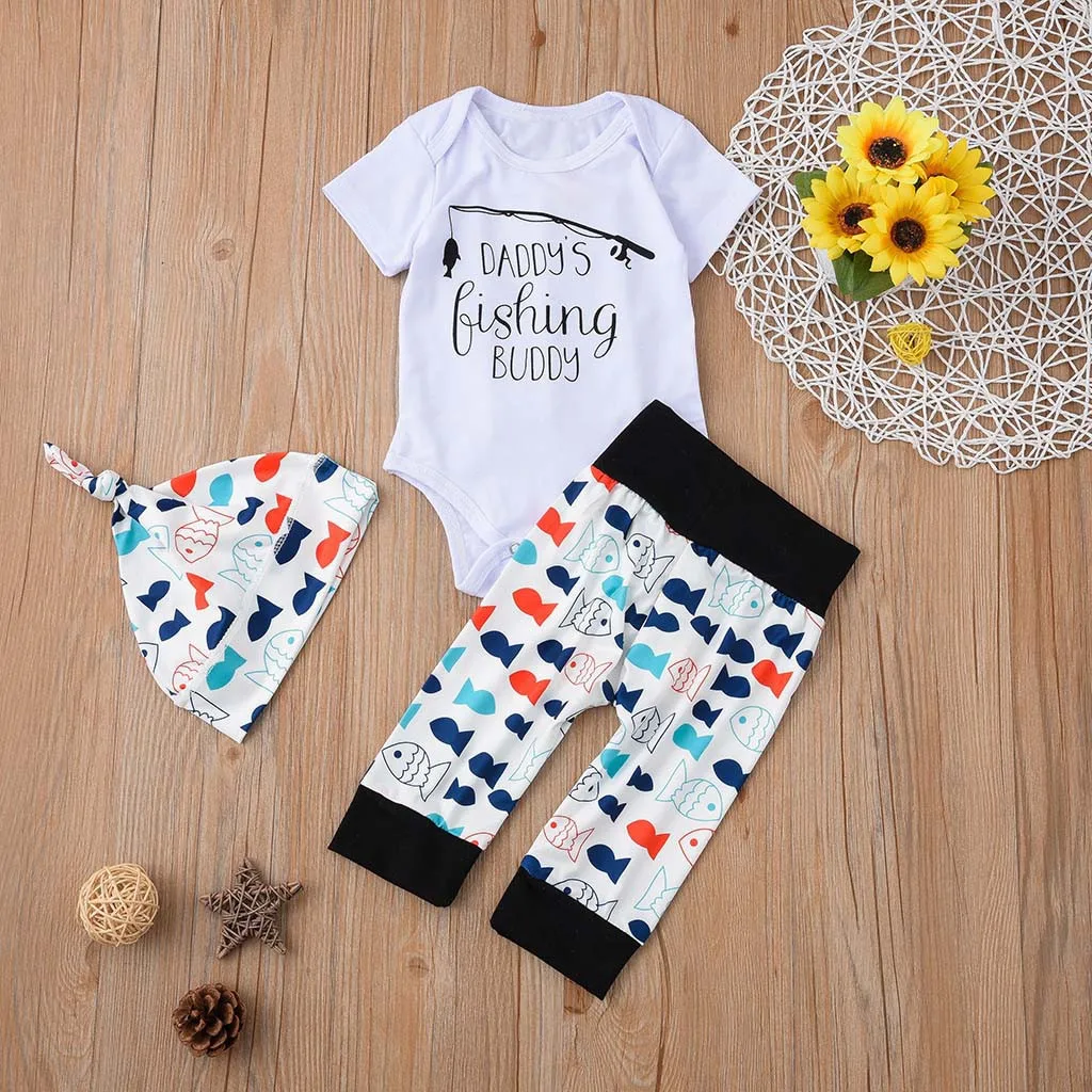 

CHAMSGEND 3PCs Newborn Kid Baby Girls Boys Letter Romper +Fish Print Pants Hat Outfits Set MAR29