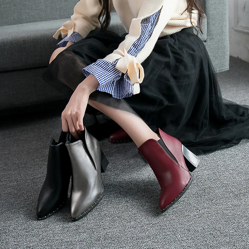 

Fashion Ankle PU Women Basic Boots Pointed Toe Sewing Solid Vintage Boots High Square Heel Slip-On Big Size Shoes