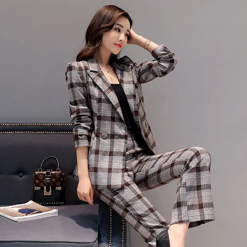 

Fashion suit autumn new women's double breasted checkered 2 pieces / 1 set small suit + trousers