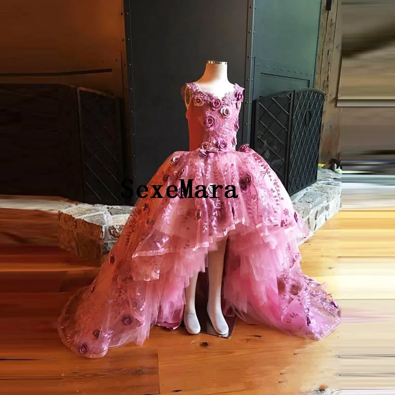 

Rose Pink Real Picture Floral Puffy Tiered Floor Length Custom Made Flower Girl Dress for Wedding Celebrity Birthday Maxi Gown