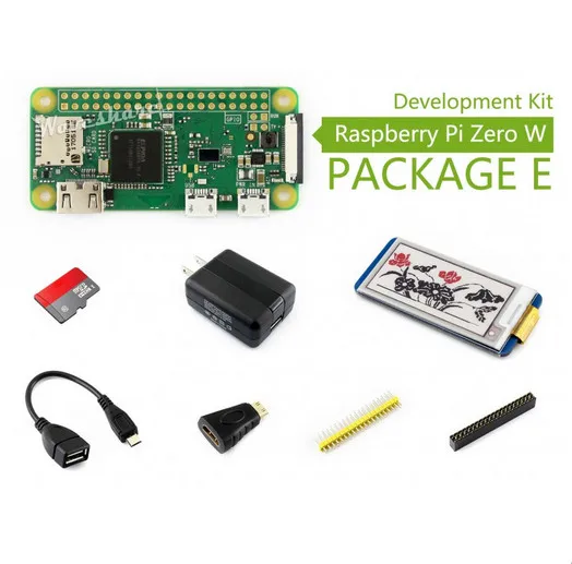 

Raspberry Pi Zero W (built-in WiFi) Development Kit Type E, Micro SD Card, Power Adapter, 2.13inch e-Paper HAT, and Basic Compon