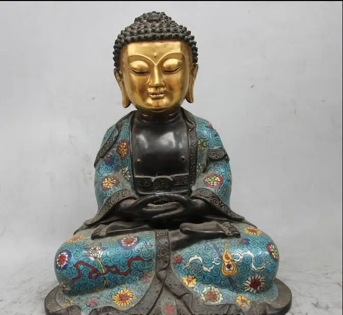 

free 11" Tibet Purple Bronze plated Cloisonne Enamel Shakyamuni Sakyamuni Buddha Statue fast