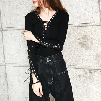 

Dark Fashion Punk Deep V-neck Shirt Female Streetwear Tops Tees Women 2019 Sexy Lacing Long Sleeve Vintage T-shirt