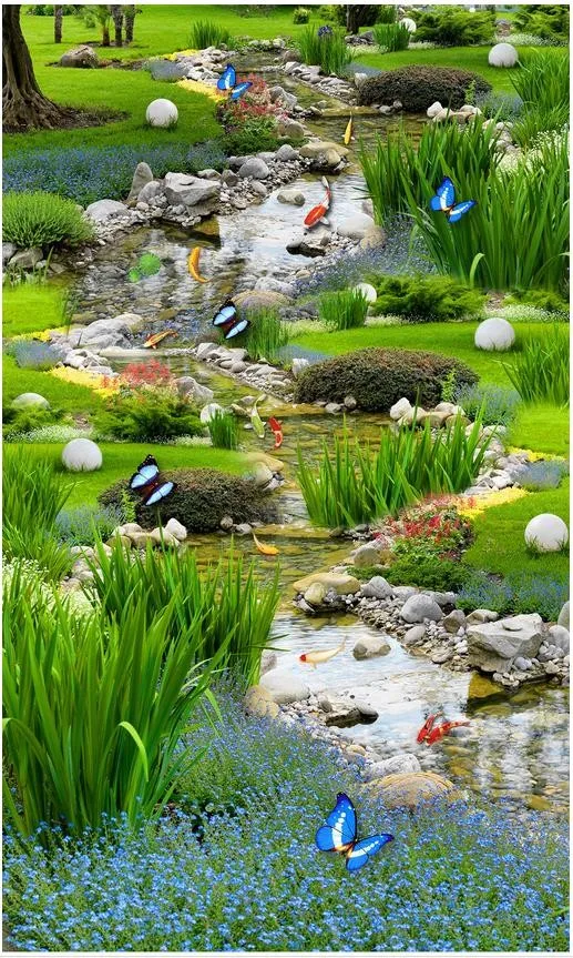 Фото обои для пола стены на заказ 3D Пол садовая трава вода Рыба самоклеющиеся 3D пол ПВХ водонепроницаемый пол