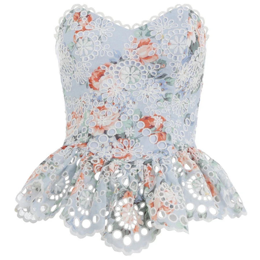 

2019 Summer Floral Print Sweet Top Off Shoulder Backless Sleeveless Sexy Women Top Embroidered Hollow Out Elegant Shirt