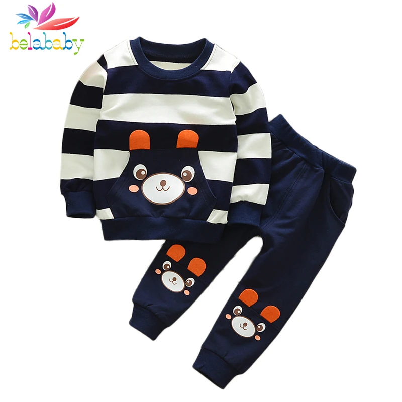 Belababy/комплекты одежды весенние Стильные комплекты одежды для детей футболка в полоску с длинными рукавами и рисунком медведя+ штаны, 2 предмета, одежда для детей