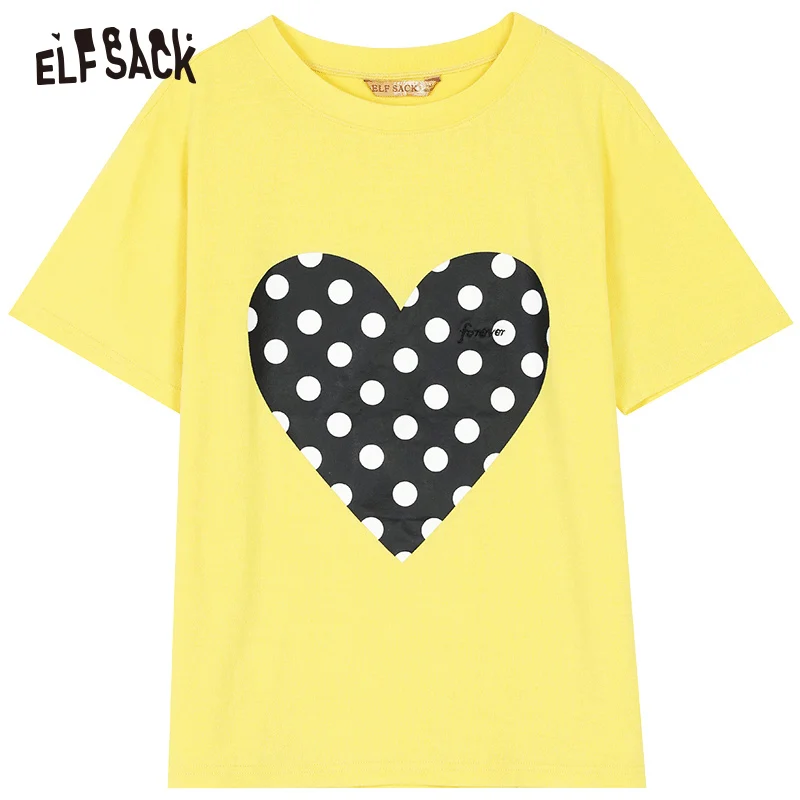 Женския футболка с вышивкой ELF SACK, желтая, голубая кофточка, повседневный свободный женский топ вкрапинку с принтом сердца, для лета - Цвет: Цвет: желтый