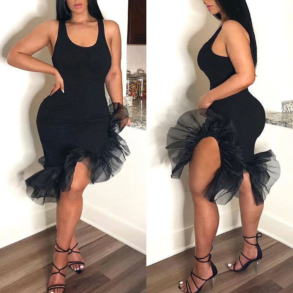 

Summer Tank Dress Women Solid Black Mesh Patchwork Party Dress Bodycon Sleeveless Sexy Dresses vestidos de festa