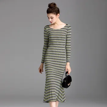 

European Temperament Office Lady Sweater Dress 2018 Autumn New Slim Striped Long Sleeved Knitted Trumpet/Mermaid Dresses S-L