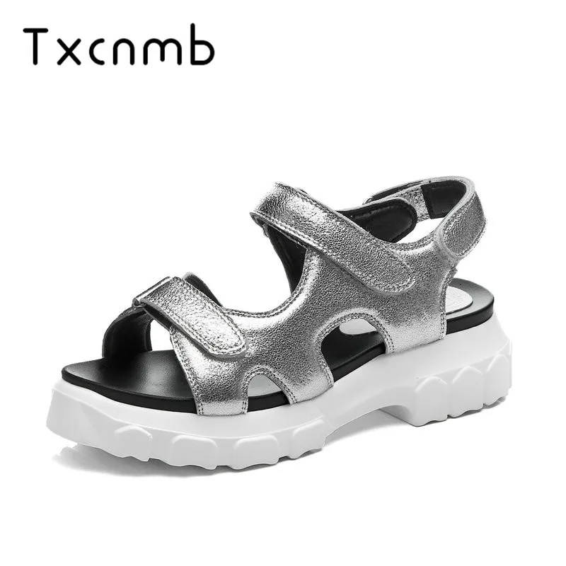 

TXCNMB shoes woman 2019 Genuine leather Women Sandals Round Buckle Height Increasing All Match Comfortable Shoes Concise