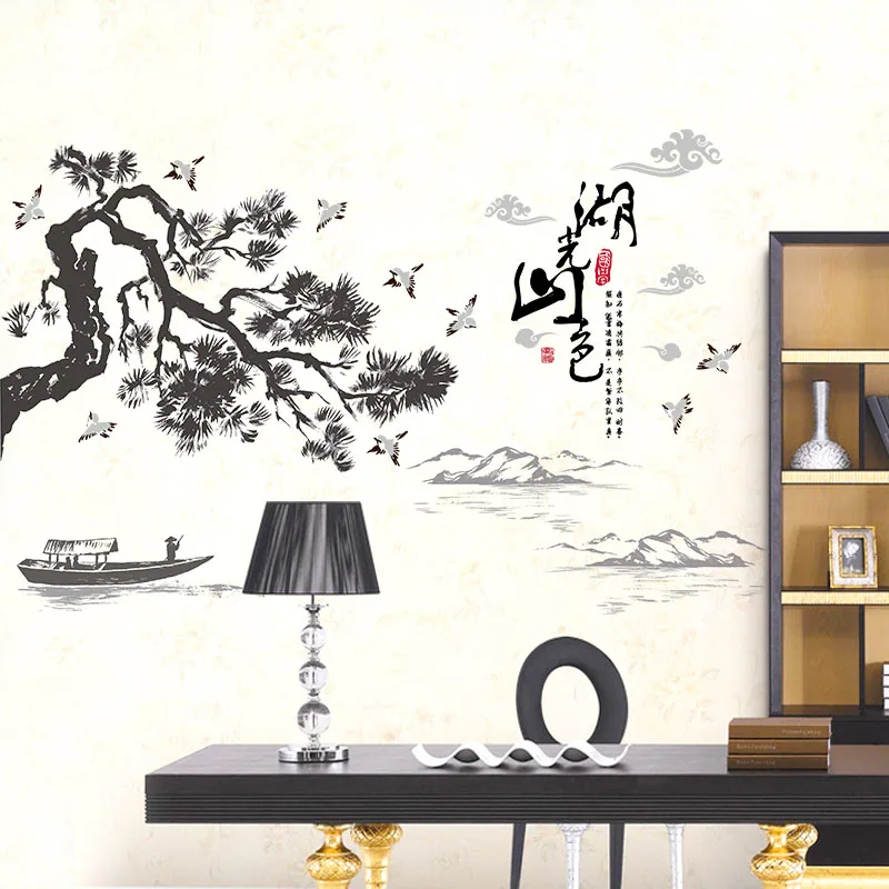 [Fundecor] наклейки на стену в китайском стиле, пейзаж озёр, горы, художественная роспись, наклейки, Фреска для гостиной, спальни, украшение для дома