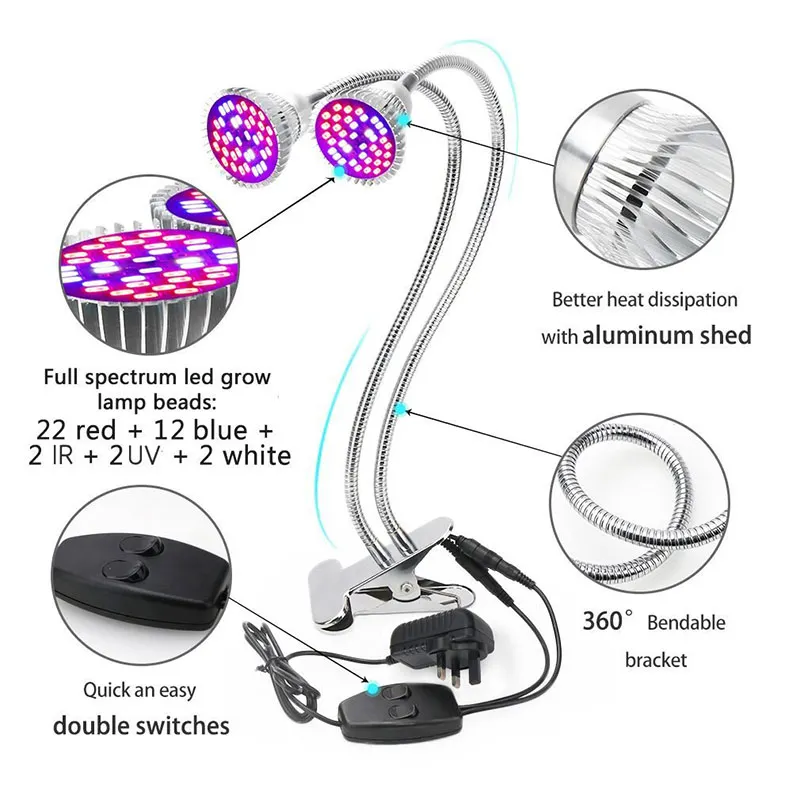 

60W Dual Head LED Grow Lamp Light Desk Clip Flexible Gooseneck Full Spectrum for Indoor Plants SDF-SHIP