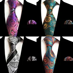 RBOCOTT Для мужчин галстук комплект фиолетовый желтый Пейсли в полоску шелковые галстуки Набор носовых платков 8 см галстук Карманный площадь