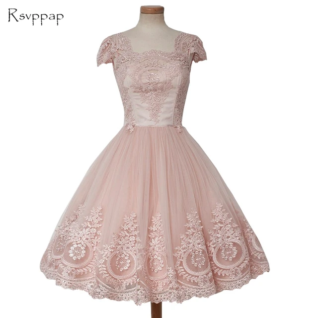 Vintage Lace Capped Sleeves Prom Dresses