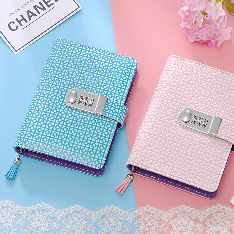 A6 Lock Diary Password Leather Notepad Flower Notebook Line Inner Core
