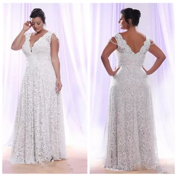 

V-Neck Full Lace A-Line Wedding Dresses 2019 Modest Custom Online Bridal Gowns Sleeveless Modest Plus Size Vestidos De Marriage
