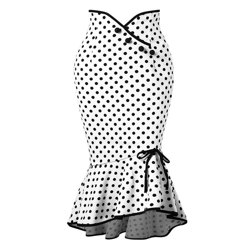 

Clocolor Polka Dot Skirt Women Asymmetrical Mermaid Bodycon High Waist Pencil Skirts Vintage White Printed Button Midi Skirt