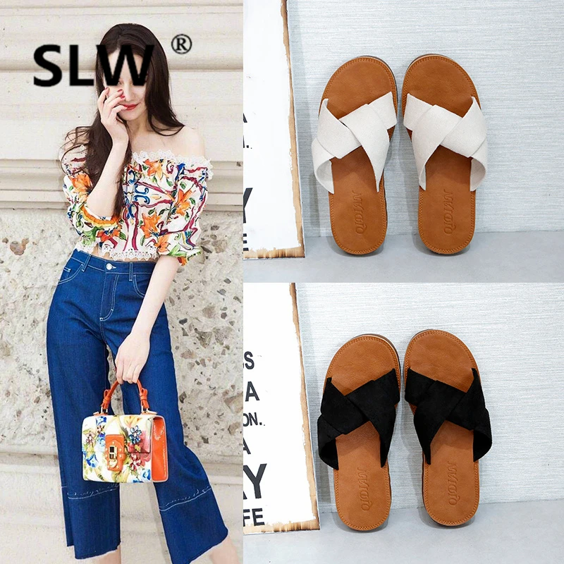 

Shoes Beach Slippers For Women Designer Slides Low Platform Socofy Luxury Summer 2019 Flat Sliders Soft Cotton Fabric PU TPR