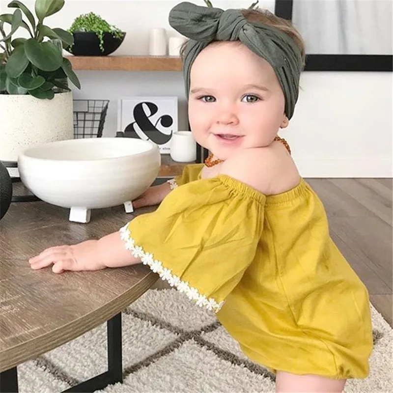 Emmababy Newborn Baby Girl lace Floral solid yellow off shoulder