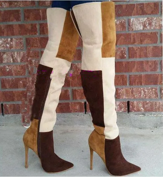New Patchwork Denim Boots Pointed Toe 