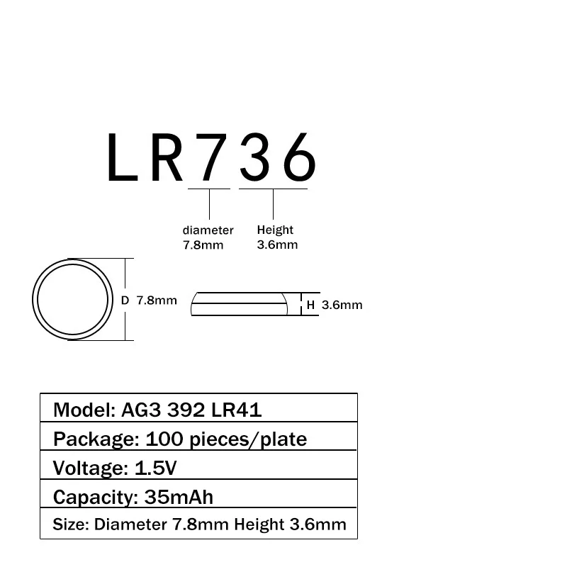 100 шт./лот LR41 AG3 щелочные батарейки 1 5 В SR41W 392 192 GP192A LR736 батареи для монет игрушка
