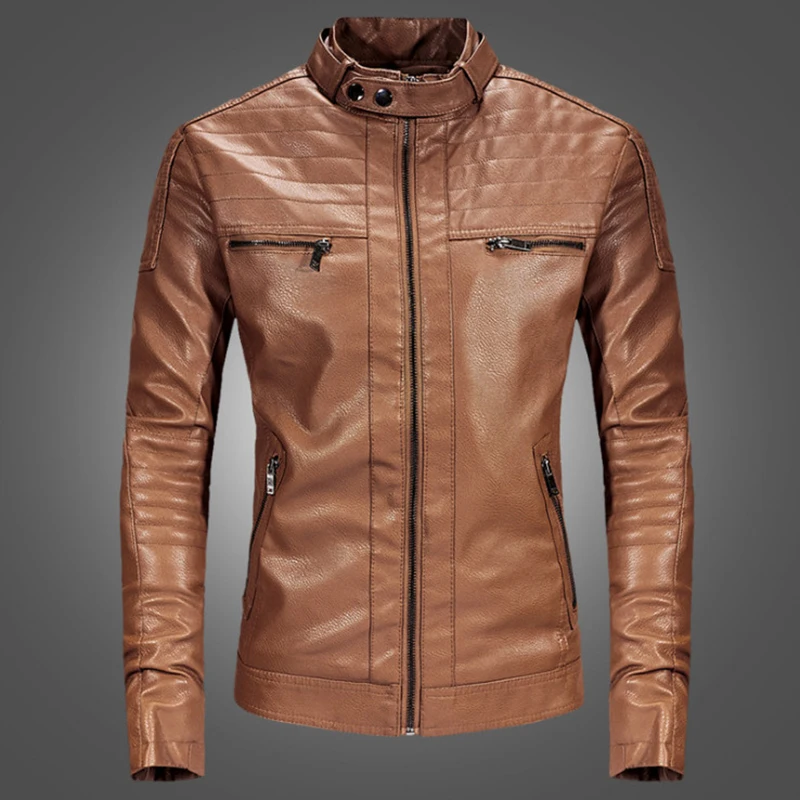 Новый Для мужчин Кожаная куртка Модные Черные мотоциклетные кожаная Slim Fit