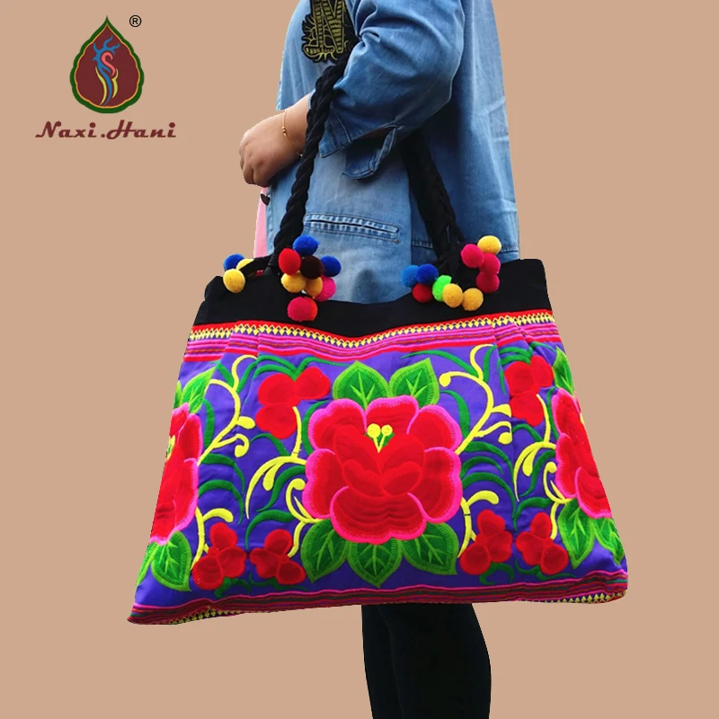 

Large Women's bag Double embroidery canvas bags Blue Women's shoulder bag Vintage pompon Ethnic bag ladies handbags