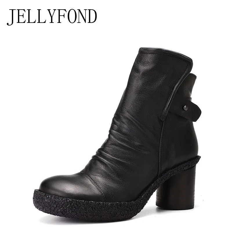 

JELLYFOND Retro 2018 Handmade Genuine Leather Ankle Boots for Women Back Buckle Platform High Heels Boots Designer Winter Shoes