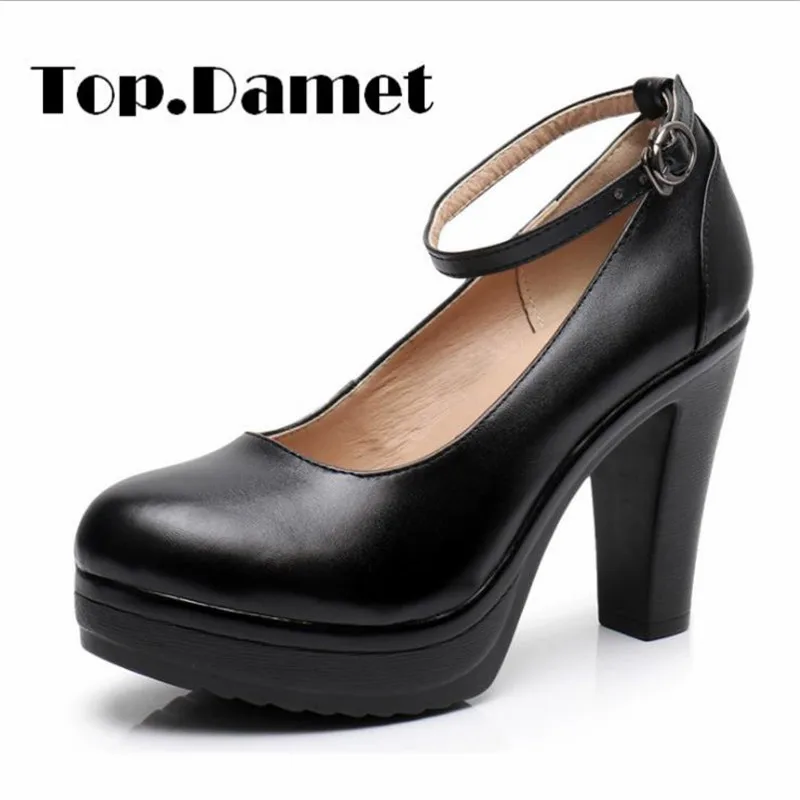 

Top.Damet Women Pumps Spring Summer Autumn Leather High Square Heel Platform Round Toe Buckle Strap Shoes Ladies Plus Size