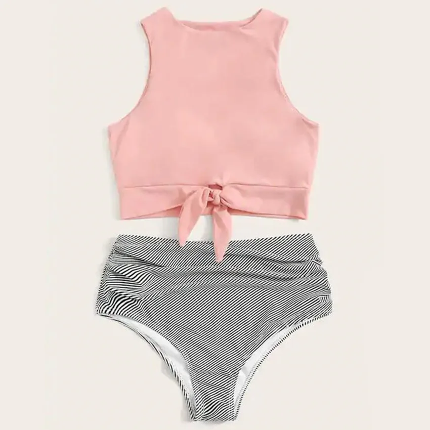 

Sport Bikinis Set Knot Hem Top With Ruched Striped High Waist Bottoms Swimwear Women Summer High Waist Wire Free Swimsuit