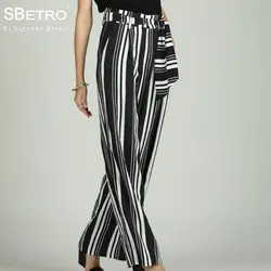 SBetro Сюзанны Betro Широкие штаны Для женщин полосатый пояс деталь эластичный пояс слэш карман Palazzoo женские длинные брюки