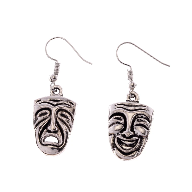 1Pair Ancient Silver Happy Sad Comedy Tradegy Theatre Mask Drop