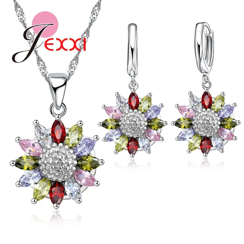 

Beautiful Flower Wedding Jewelry Sets Multicolor Cubic Zirconia Inlayed 925 Sterling Silver Bridal Earrings Necklace Sets