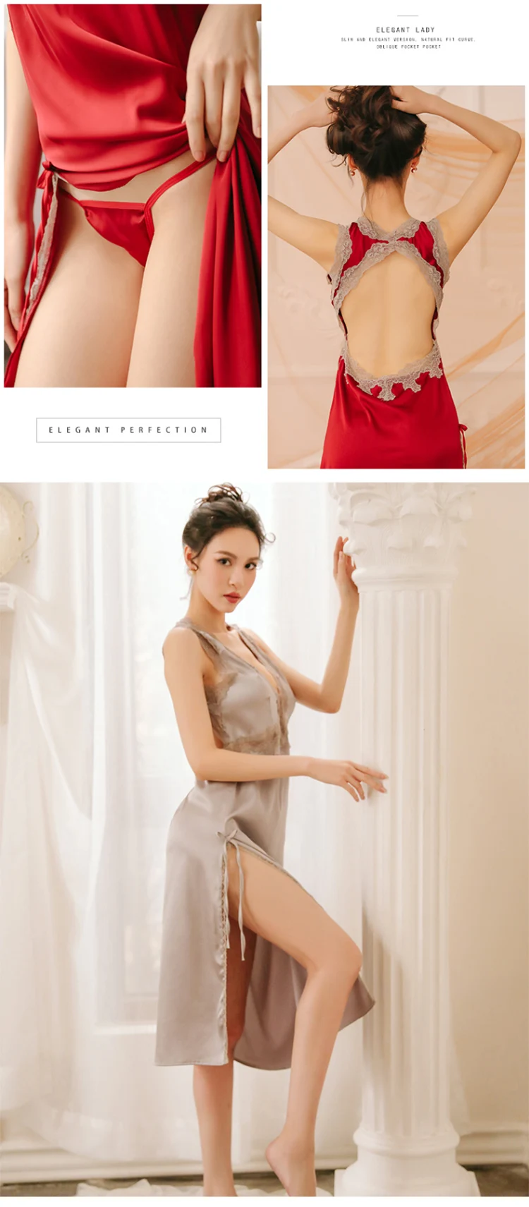 sexy mousse night gown and G-string sets backless stain lace sexy women sleep wear halter red wedding wear deep V strap