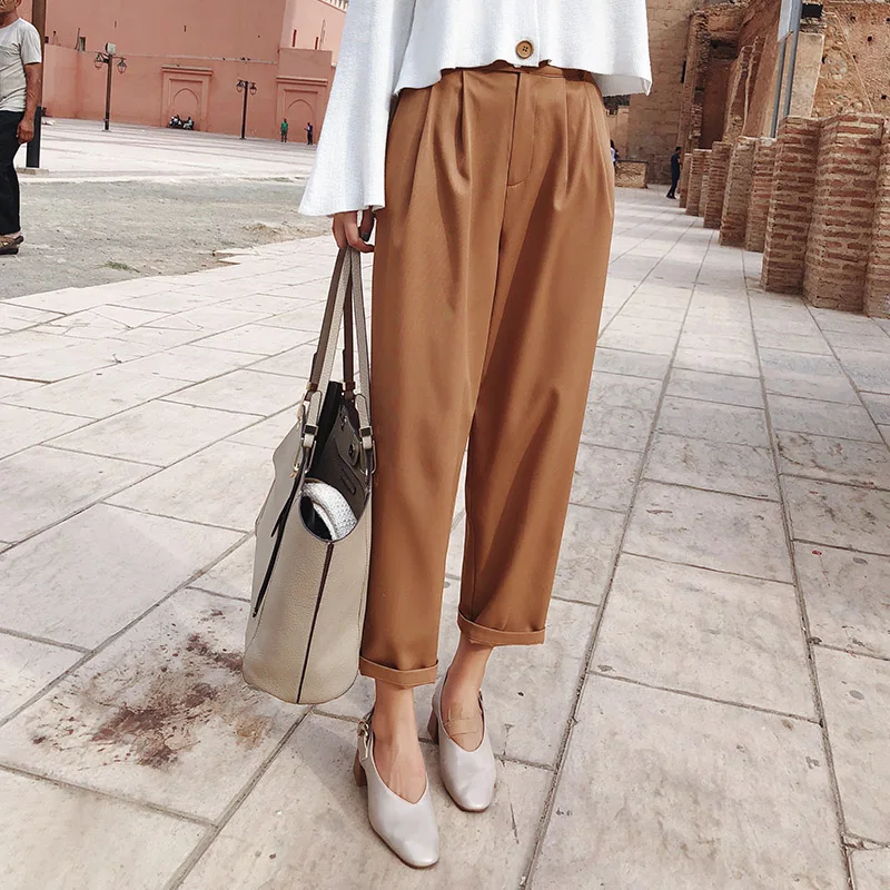 

2019 MISHOW Autumn new women Office style pants fashion causal high waist streetwear loose Khaki Nineths pants MX18C2534