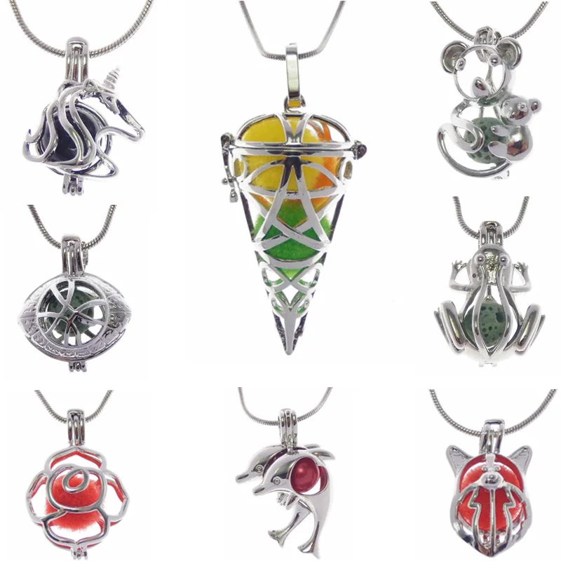 

Julie Wang 1PCS Copper White K Bead Cage Lava Stone Essential Oil Diffuser Locket Bell Angle Necklace Pendants Perfume Jewelry