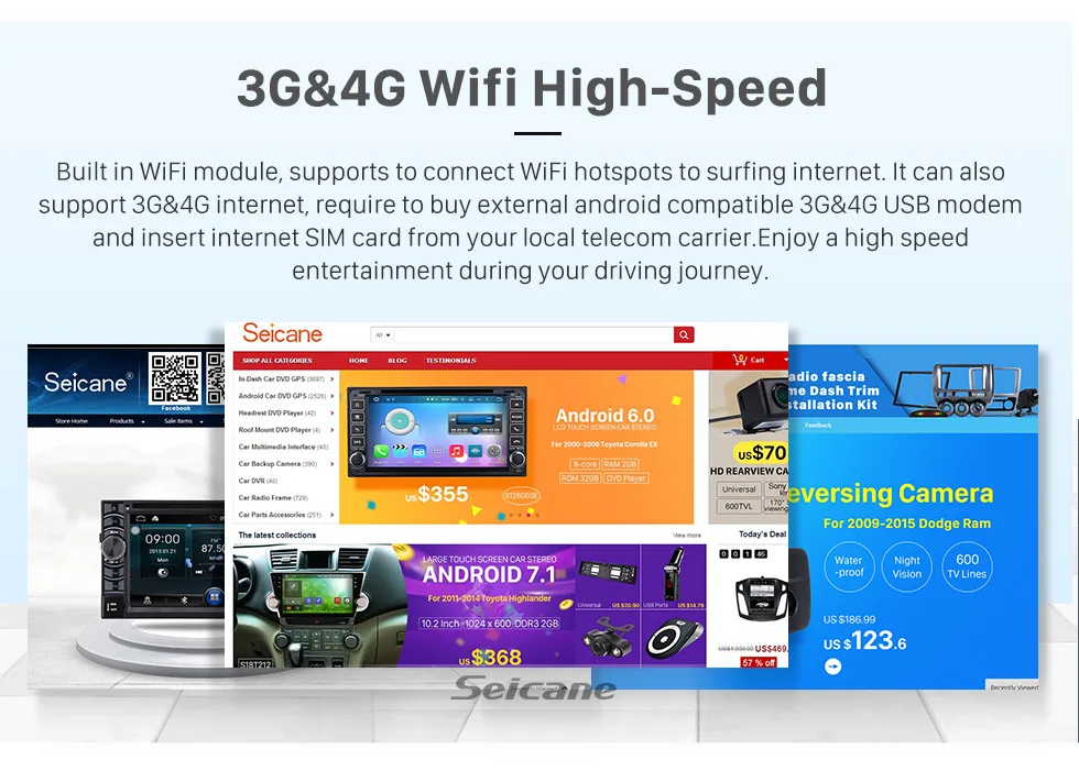 Seicane 2 Din Radio Android 8.0 DVD Player Bluetooth GPS Navigation system for 2009 2010 2011 2012 2013 SEAT IBIZA USB SD IPOD Mirror Link WIFI Stereo Support Steering Wheel Control Rearview Camera DVR
