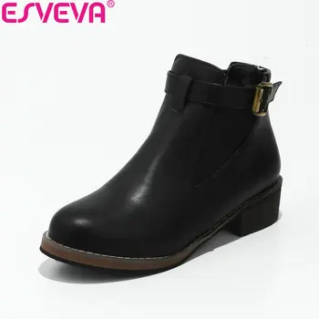 

ESVEVA 2018 Women Boots Out Door Square High Heel Black Warm Fur Round Toe Ankle Boots Concise Ladies Fashion Boots Size 34-43